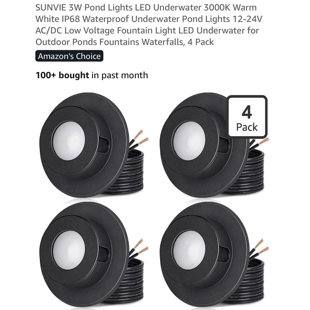 SUNVIE 3W IP68 Underwater Pond Lights LED 12-24V Warm White Outdoor 4 Pack Black